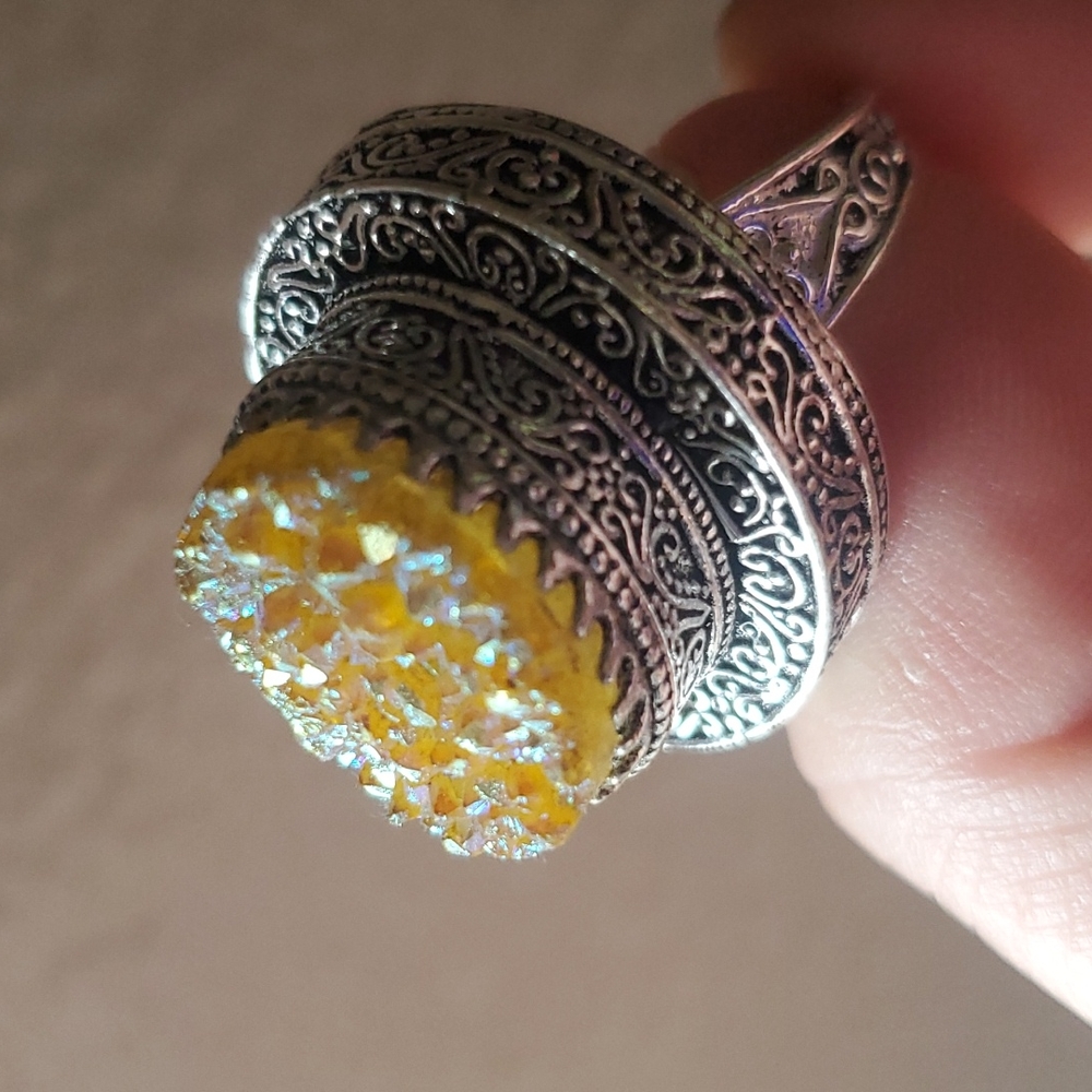 New Yellow Titanium Crystal Druzy 925 Silver Statement Ring.
